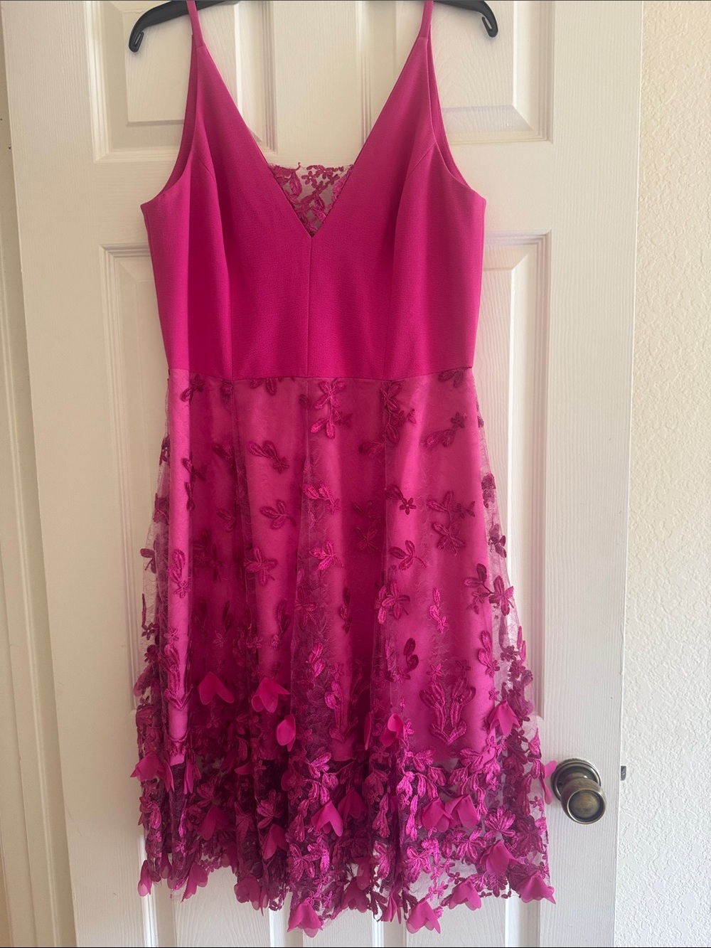Dress the Population Fuchsia Floral Appliqué Spaghetti Strap Dress